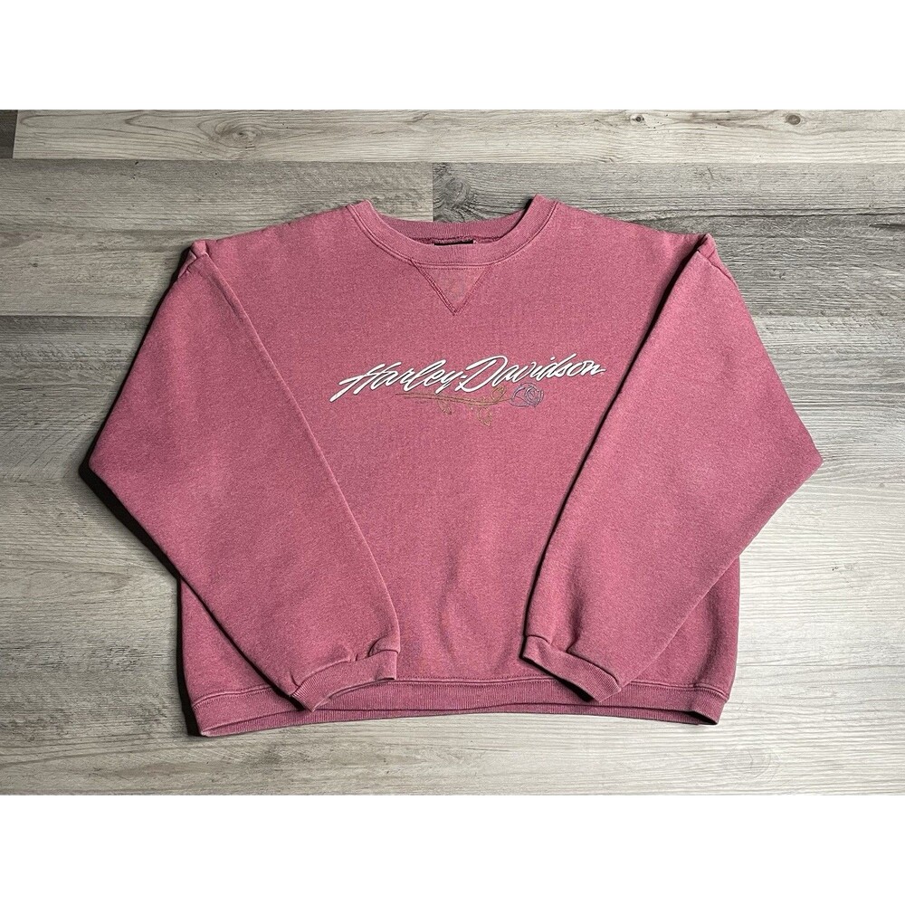 VTG Harley Davidson Womens Cropped Sweatshirt Faded Pink Rose Longview TX - XL